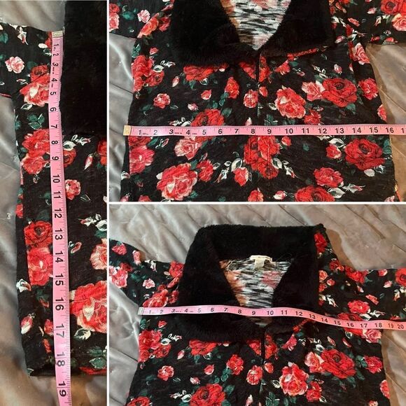 Self Esteem Girls Floral Shawl Cardigan Sweater Black Faux Fur Collar Red M - Picture 10 of 10